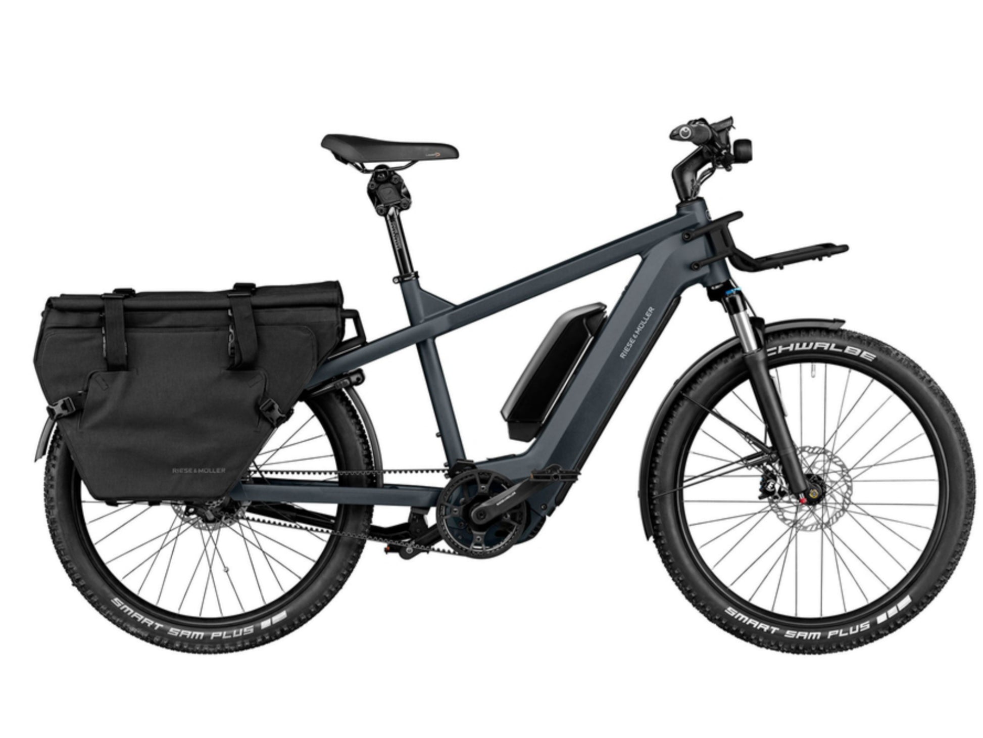 Riese and Muller Multicharger GT Vario 750 emtb hardtail grey black side profile cargo bags spare battery options