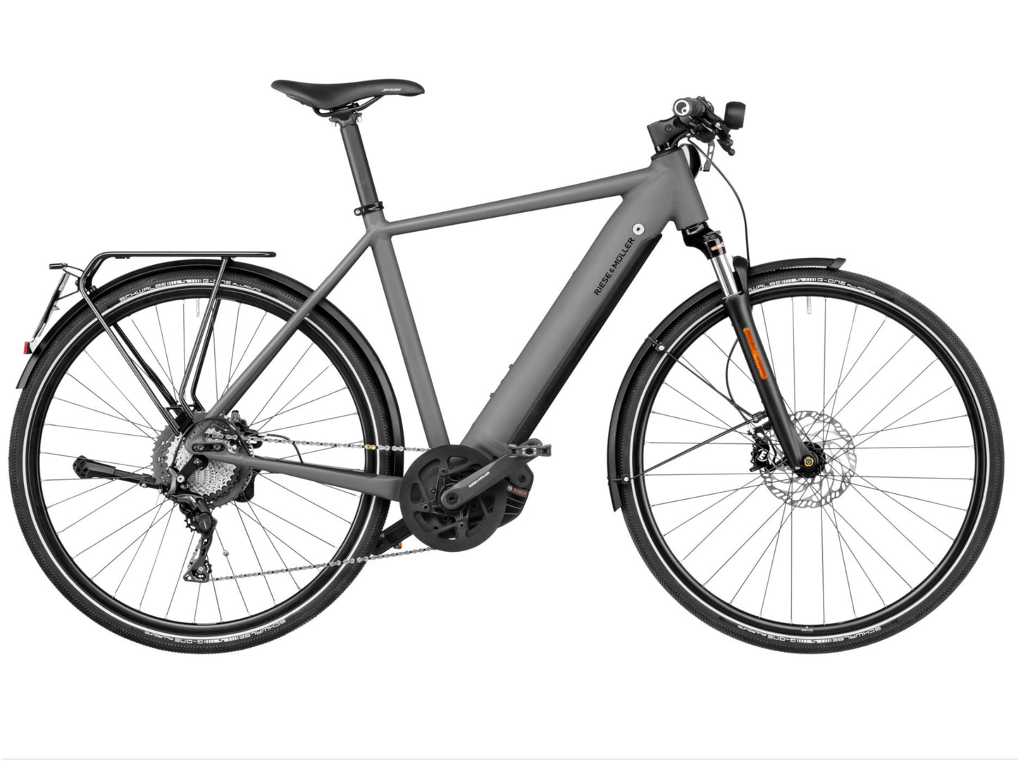 Riese and Muller Roadster Touring HS eMTB hardtail grey side profile on Fly Rides