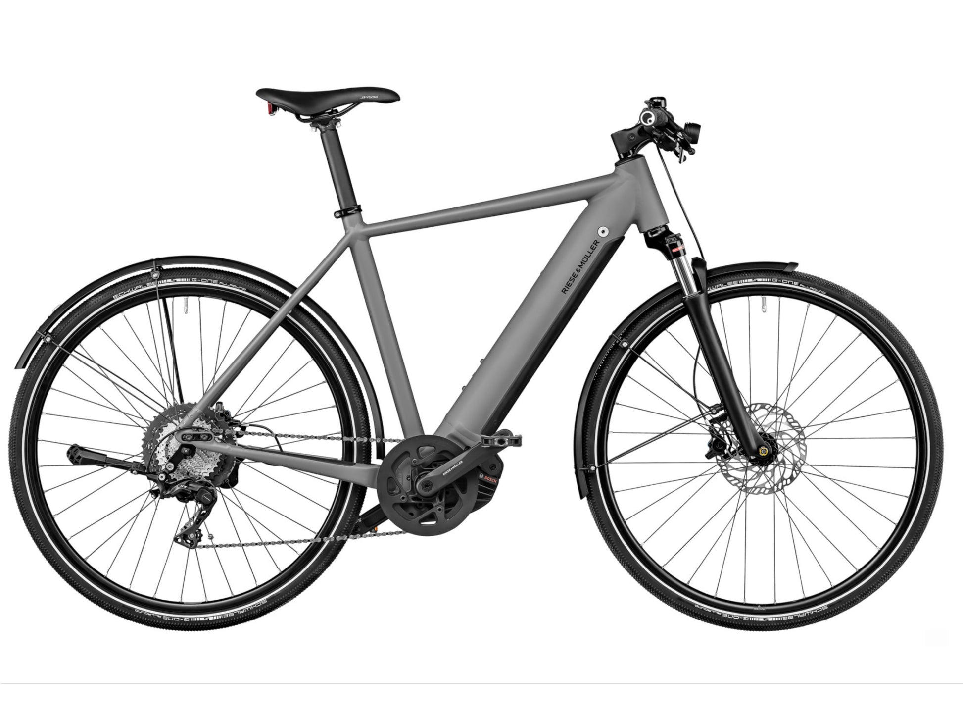Riese and Muller Roadster Touring eMTB hardtail grey side profile on Fly Rides