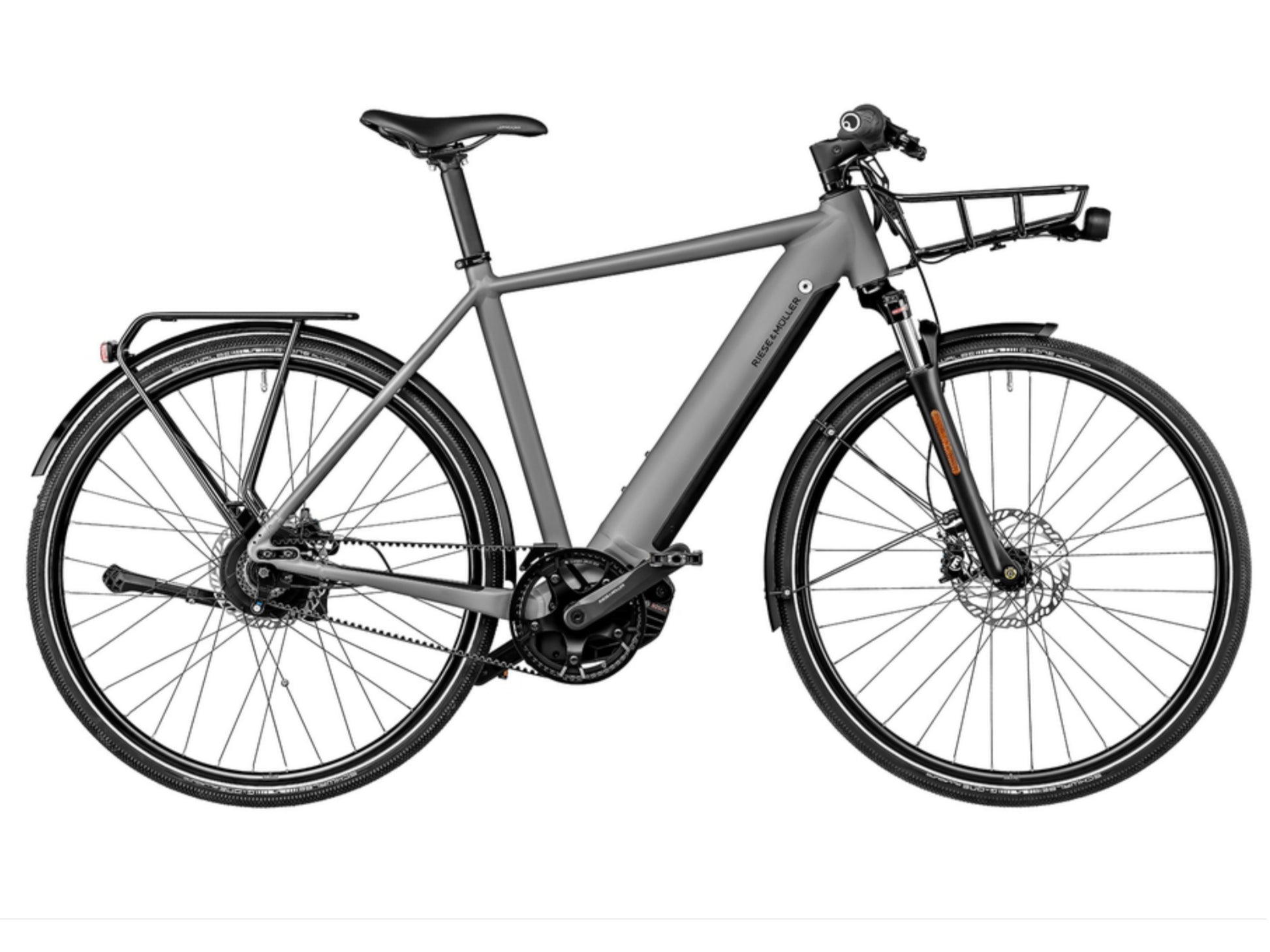 Riese and Muller Roadster Vario HS eMTB hardtail grey side profile with front carrier on Fly Rides
