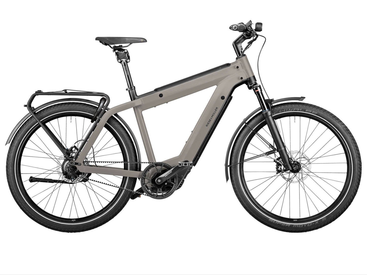 Riese and Muller Supercharger GT Rohloff emtb hardtail silver matte side profile on Fly Rides