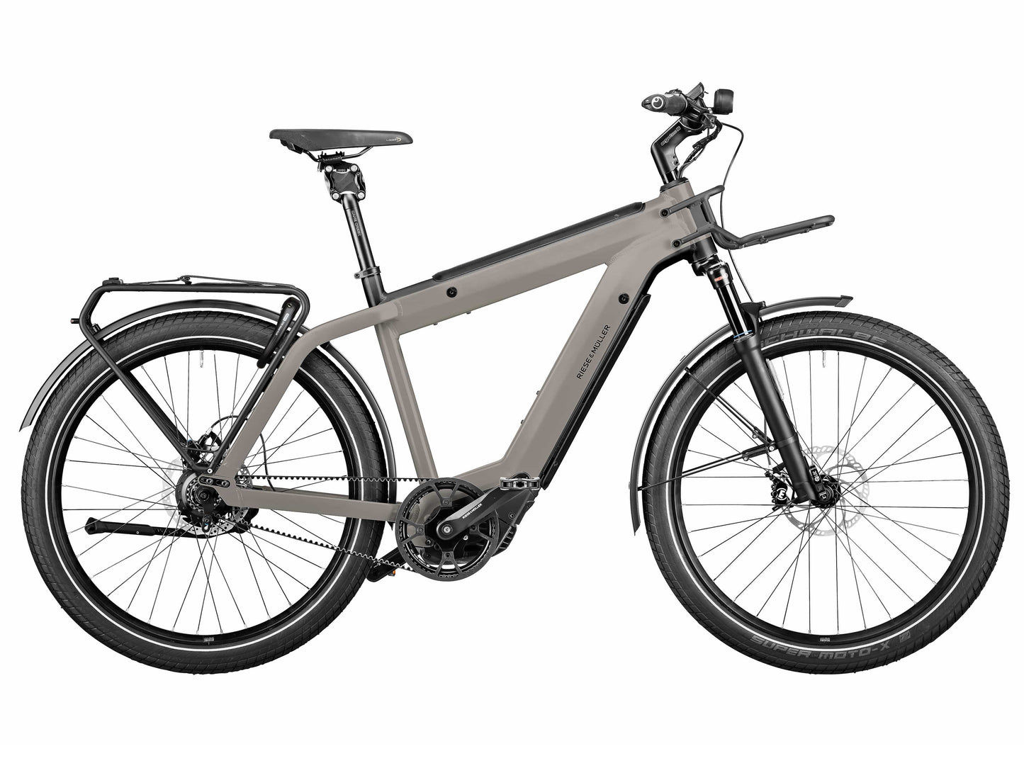 Riese and Muller Supercharger GT Touring HS emtb hardtail silver matte side profile front carrier option