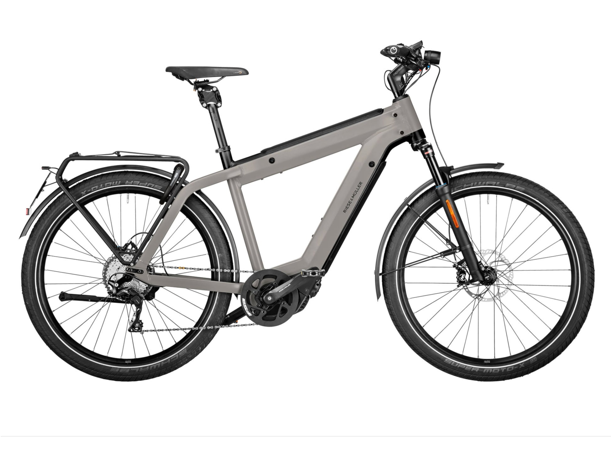 Riese and Muller Supercharger GT Touring HS emtb hardtail silver matte side profile on Fly Rides