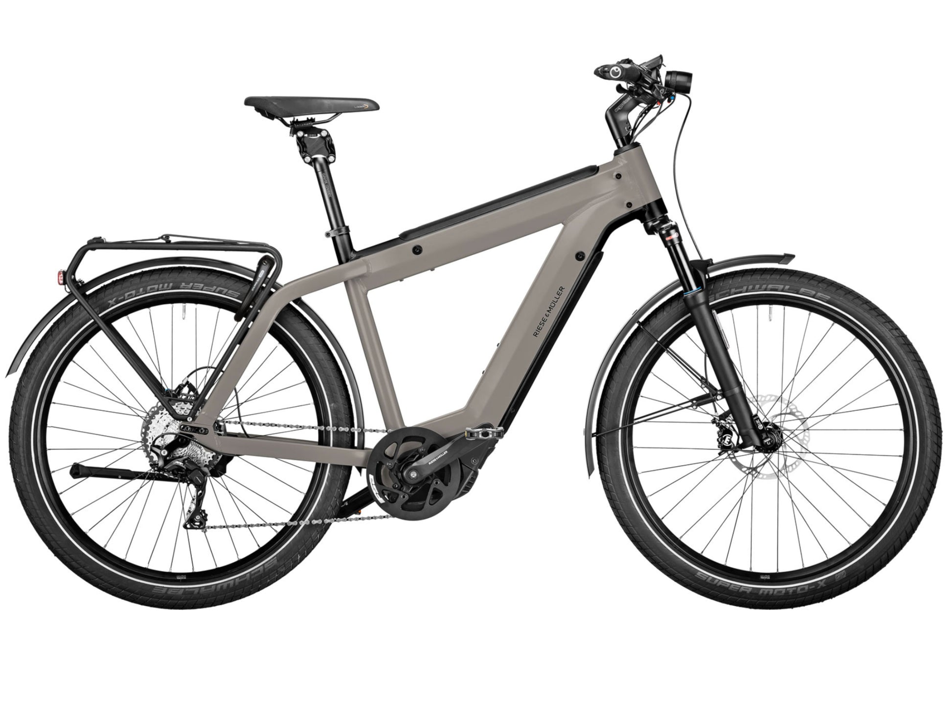 Riese and Muller Supercharger GT Touring emtb hardtail silver matte side profile on Fly Rides