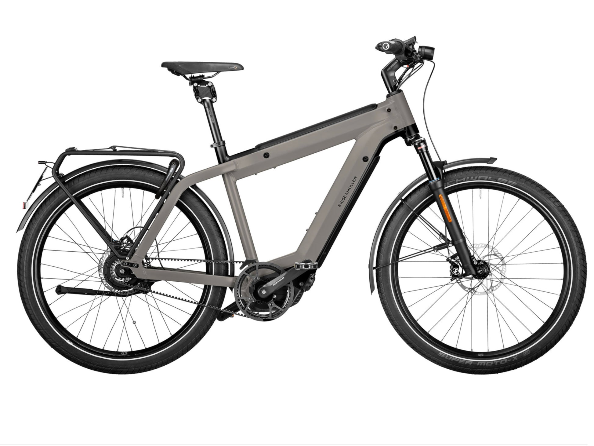 Riese and Muller Supercharger GT Vario HS emtb hardtail silver matte side profile on Fly Rides