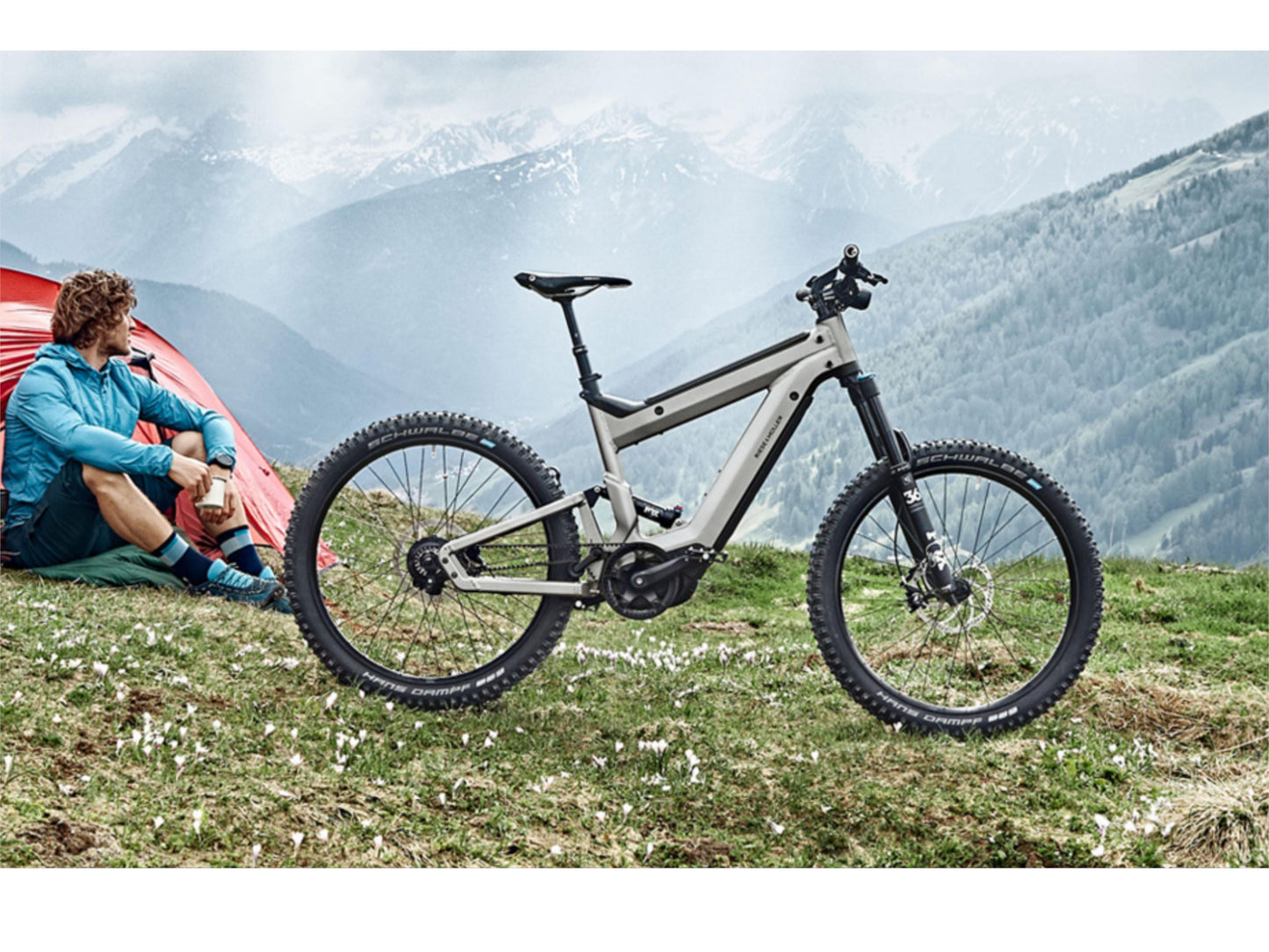 Riese and Muller Superdelite Mountain Touring emtb full suspension action shot bike camping