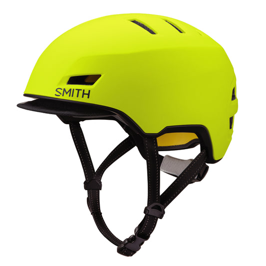 Smith Optics Express MIPS Road Commute Helmet Matte Neon Yellow Viz side view on Fly Rides