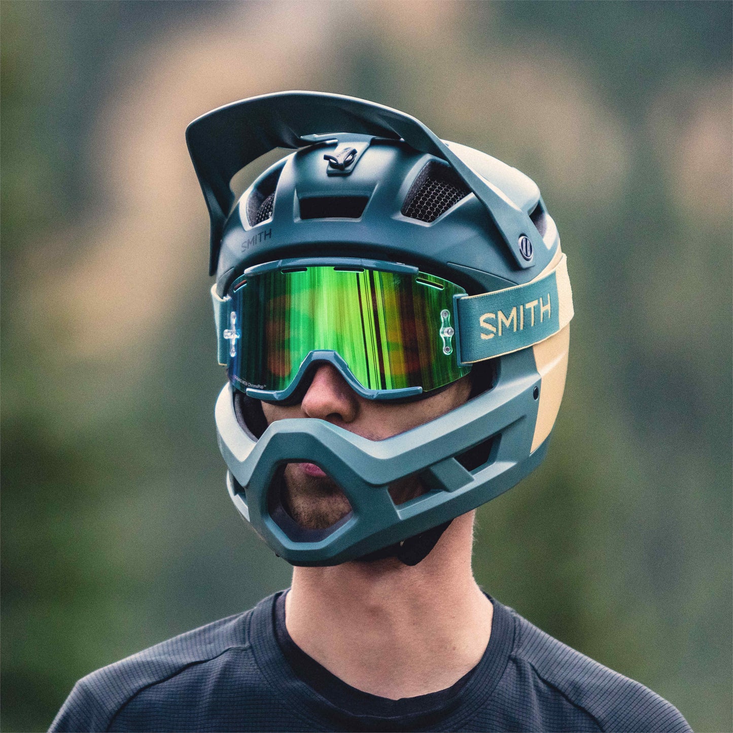 Smith Optics Mainline MIPS MTB Enduro Helmet Matte Spruce Safari rider wearing goggles