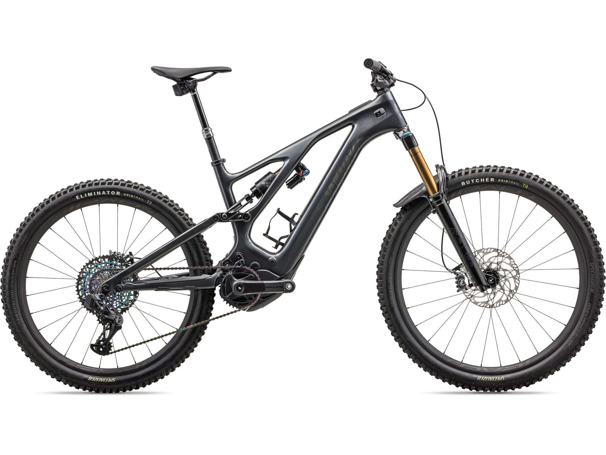 Specialized S-Works Turbo Levo eMTB full suspension GLOSS BLACK LIQUID METAL chrome foil side profile on Fly Rides