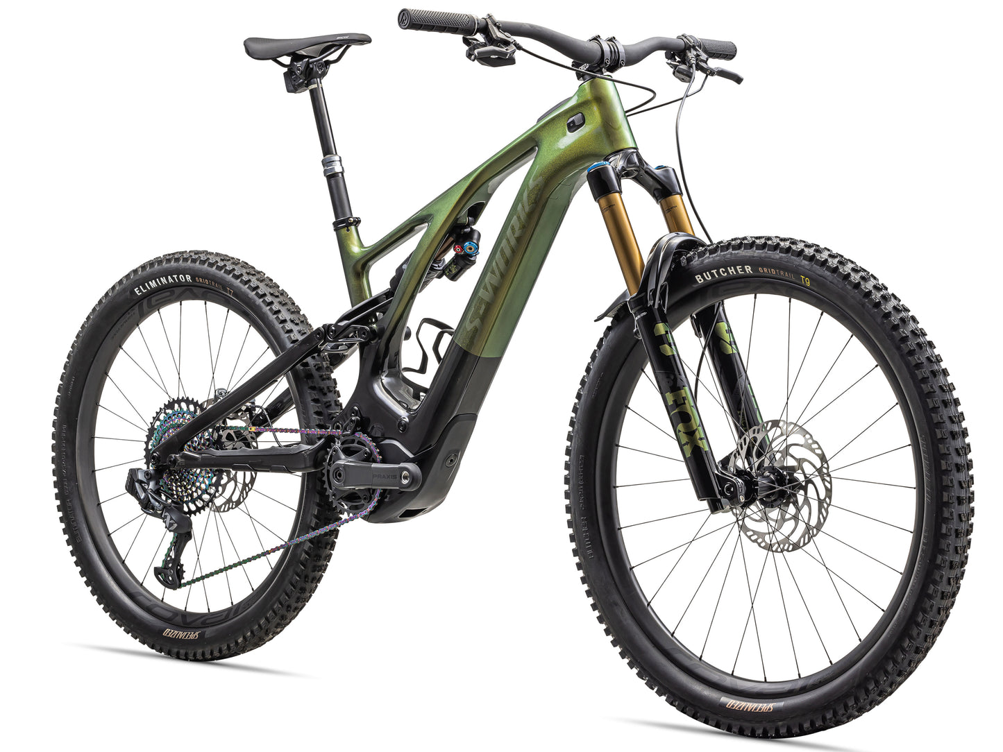 Specialized S-Works Turbo Levo eMTB full suspension GOLD PEARL OVER CARBON front right side view on fly ride