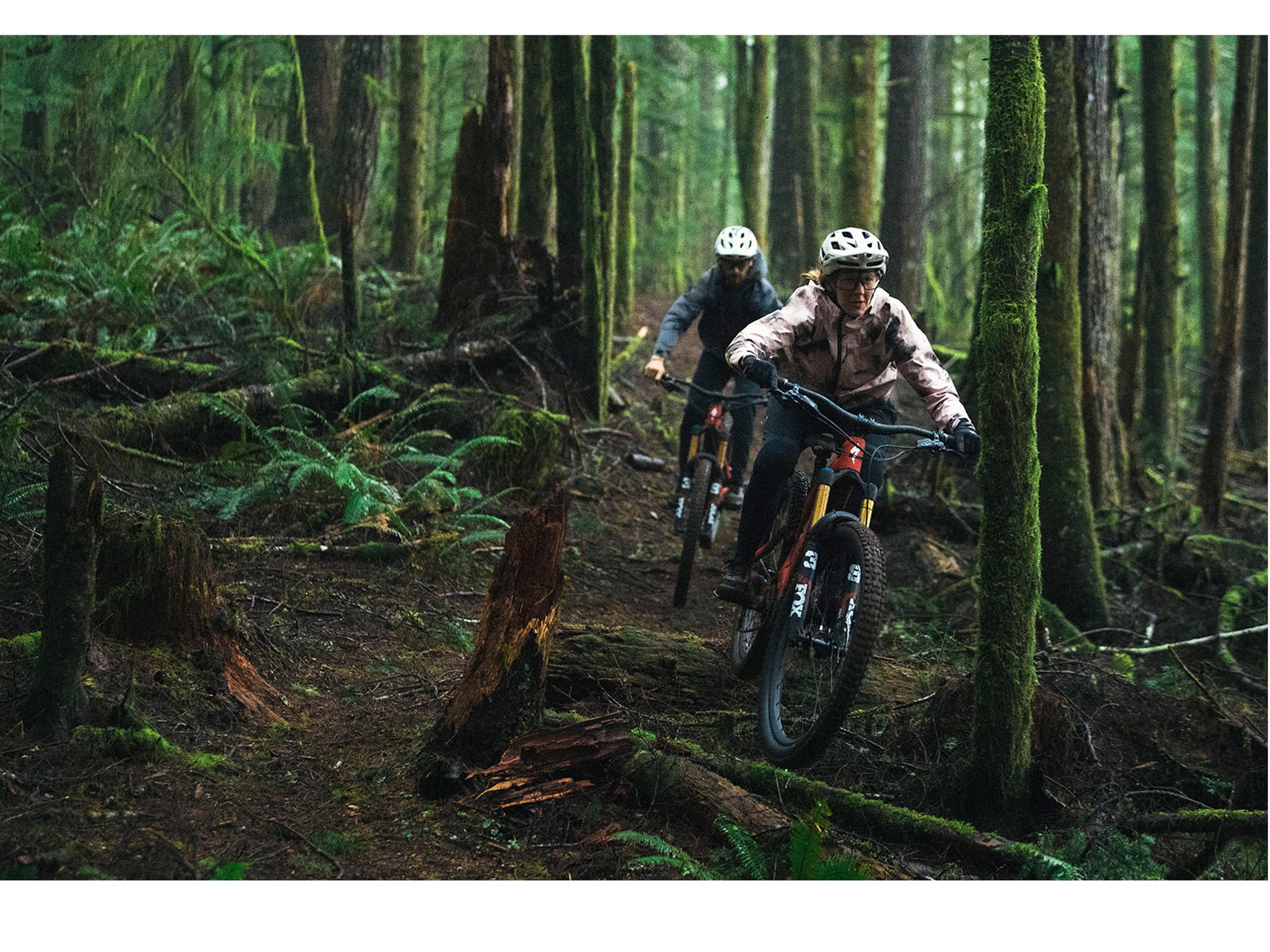 Specialized Turbo Levo Pro emtb satin redwood smoke black action riders on forest trail