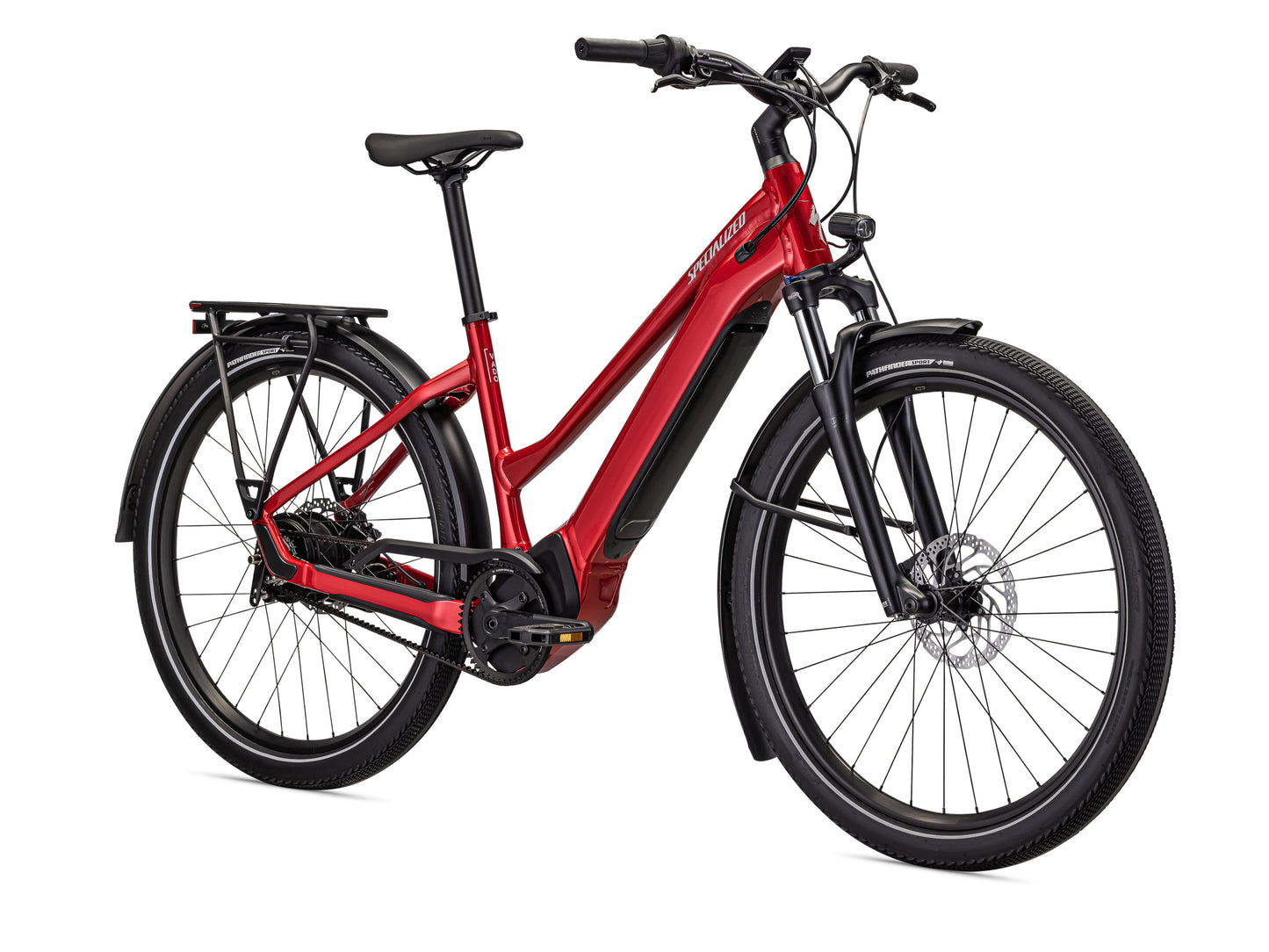 Specialized Turbo Vado 3.0 IGH Step-Through eMTB hardtail Red tint Silver reflective front right side view on Fly Rides