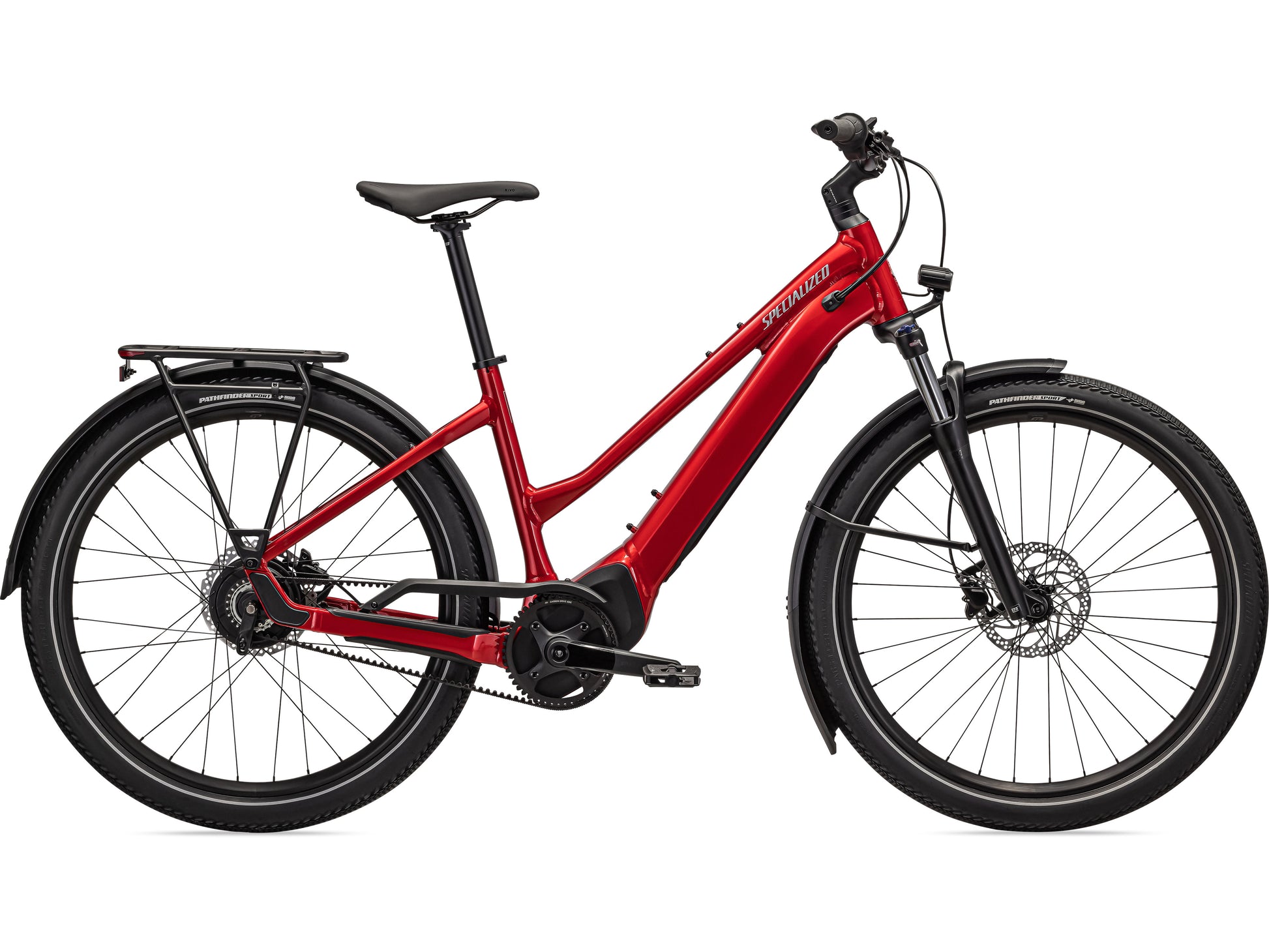 Specialized Turbo Vado 3.0 IGH Step-Through eMTB hardtail Red tint Silver reflective side view on Fly Rides