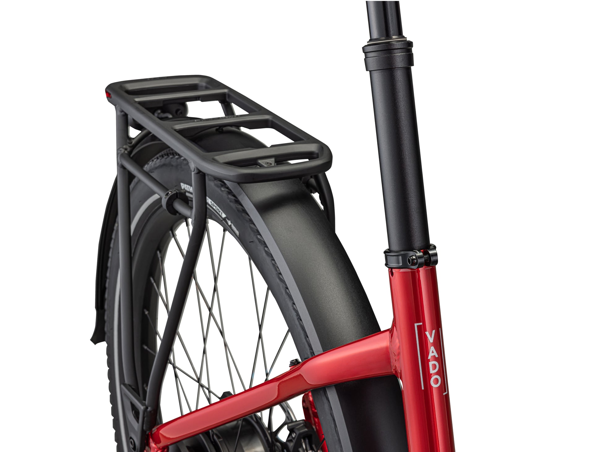 Specialized Turbo Vado 5.0 IGH Step-through eMTB hardtail Red tint Silver reflective closeup rear frame wheel carrier