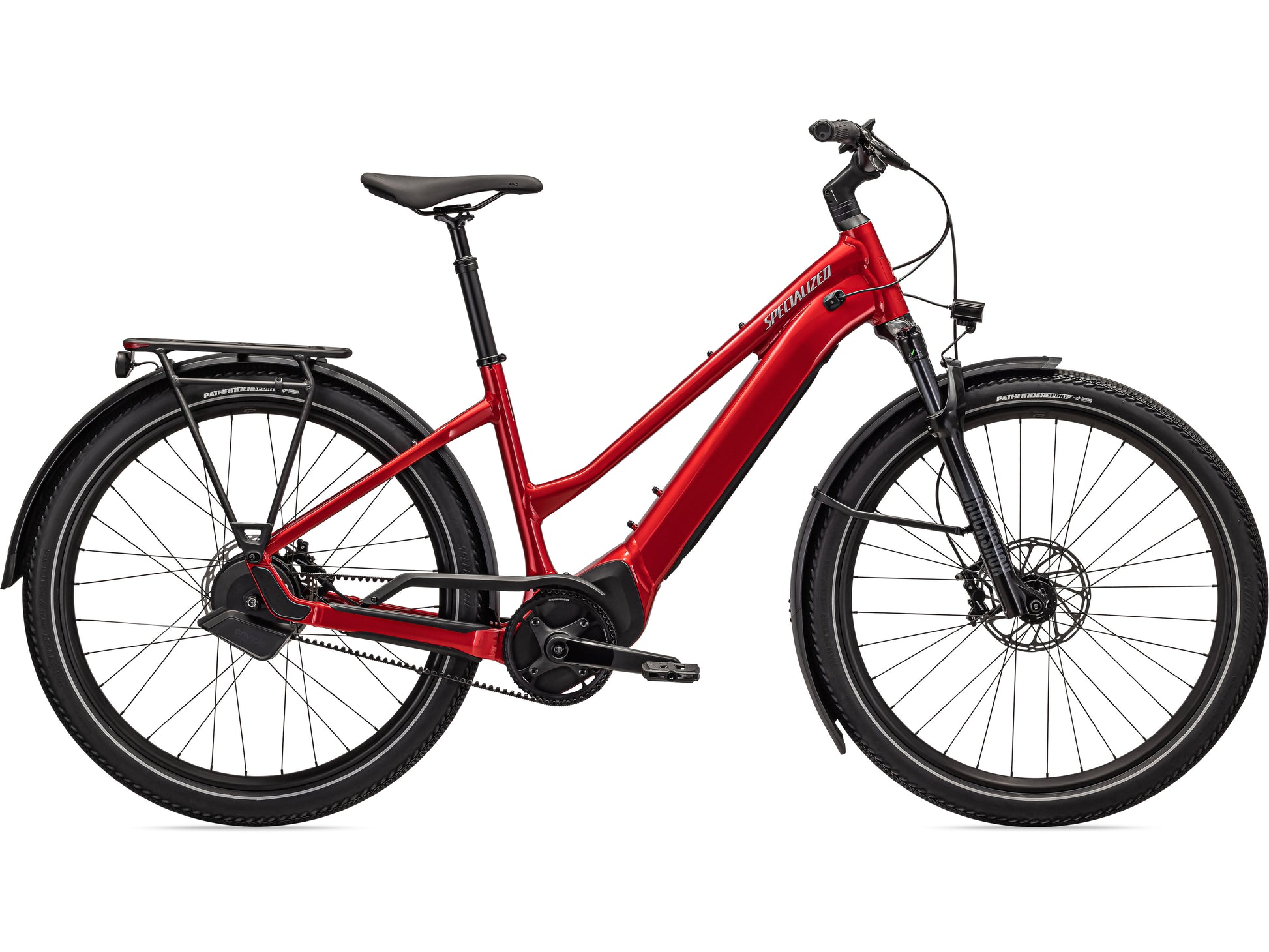 Specialized Turbo Vado 5.0 IGH Step-through eMTB hardtail Red tint Silver reflective side view on Fly Rides