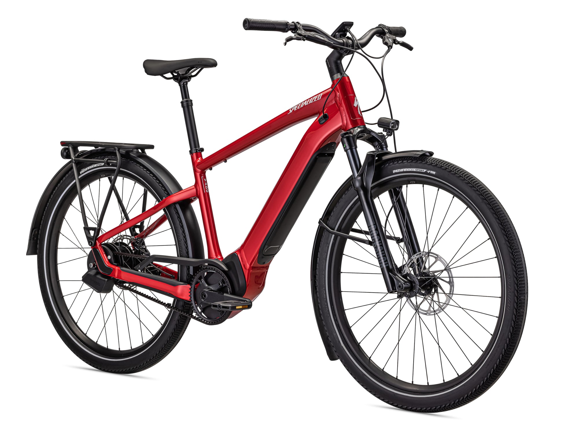 Specialized Turbo Vado 5.0 IGH eMTB hardtail Red tint Silver reflective front right side view on Fly Rides