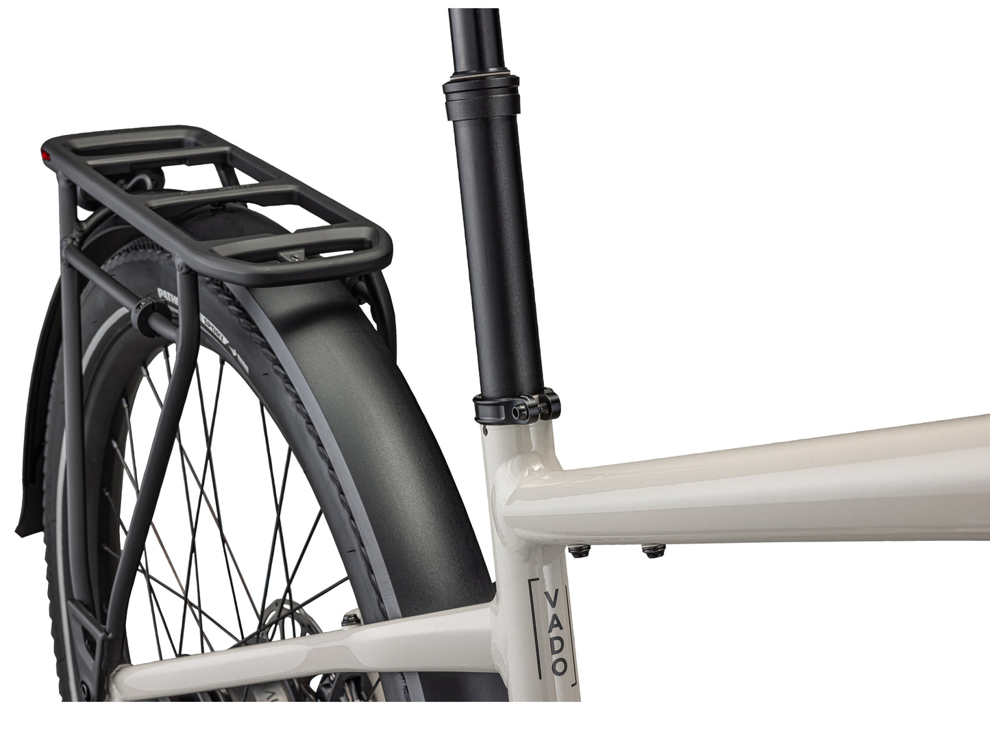 Specialized Turbo Vado 5.0 IGH eMTB hardtail White mountains black reflective closeup rear frame wheel carrier