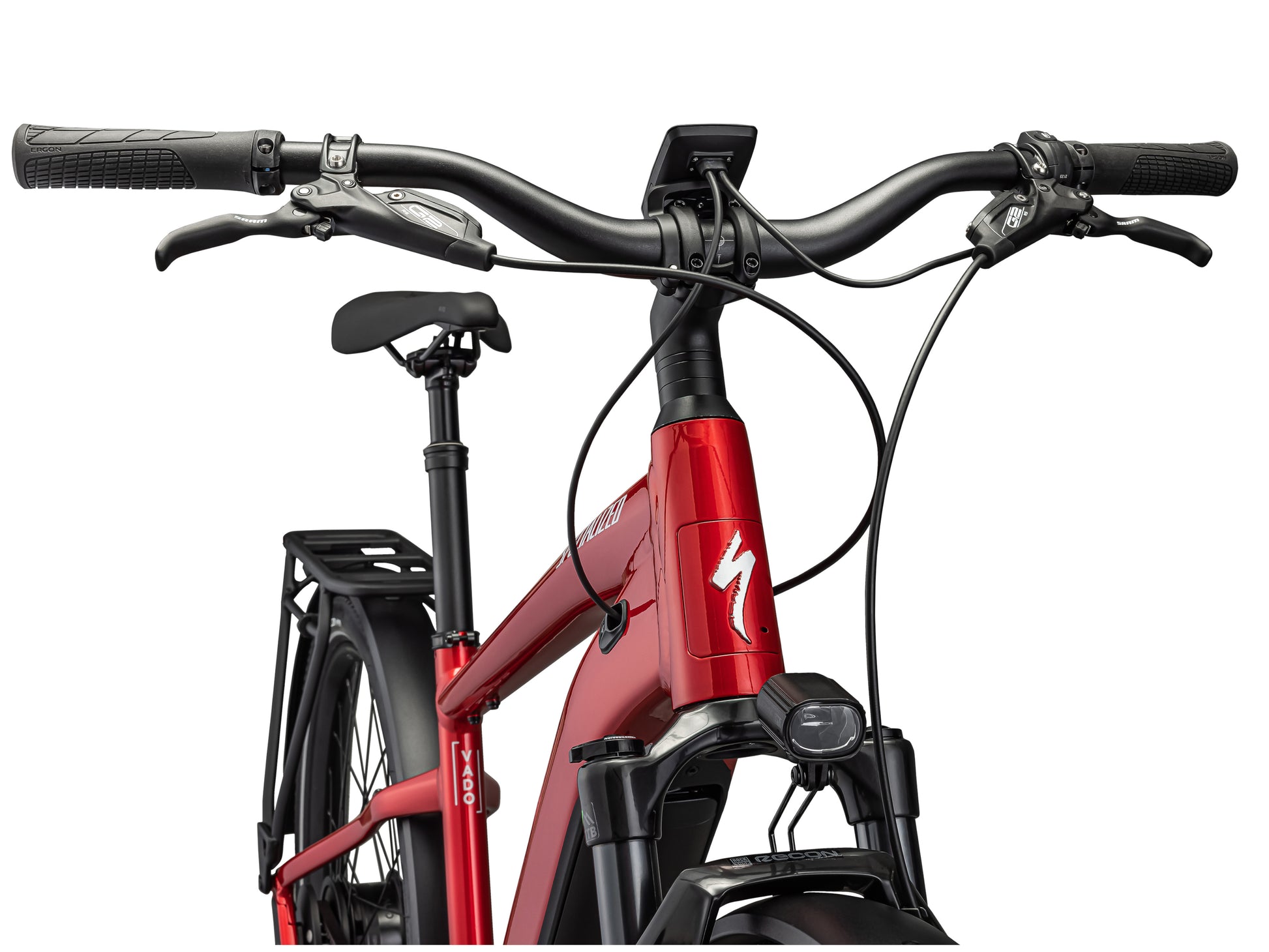 Specialized Turbo Vado 5.0 eMTB hard tail red silver close up headlight handlebars front frame