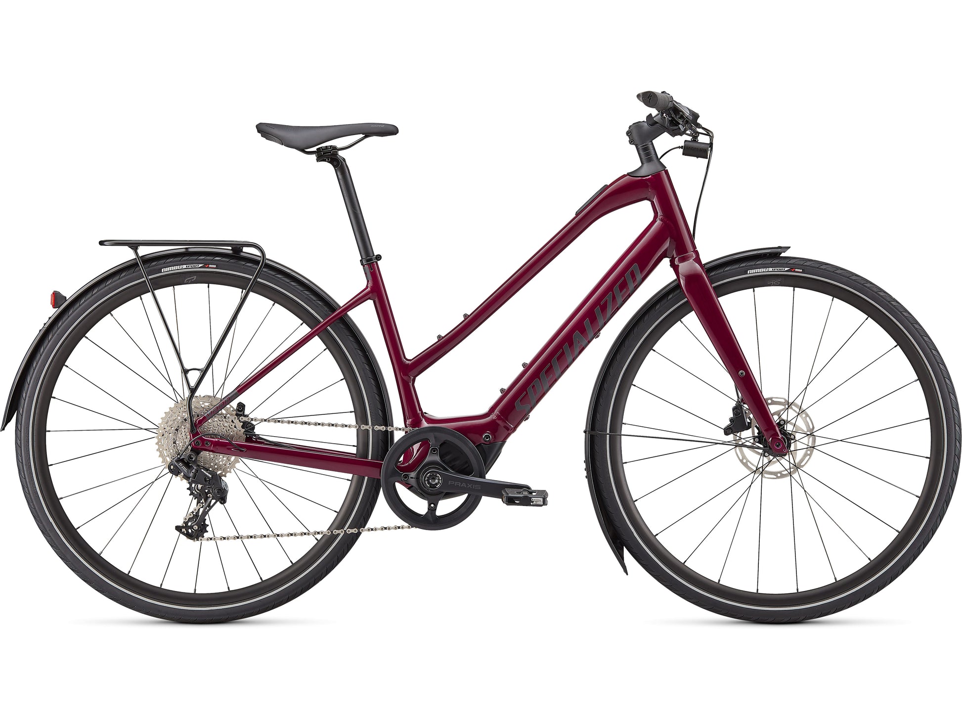 Specialized Turbo Vado SL 4.0 Step-Through EQ eMTB hardtail Raspberry Black Reflective side view on Fly Rides