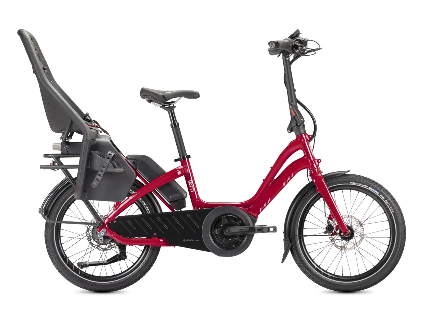 Tern NBD P8i electric cargo bike red silver side profile child seat option