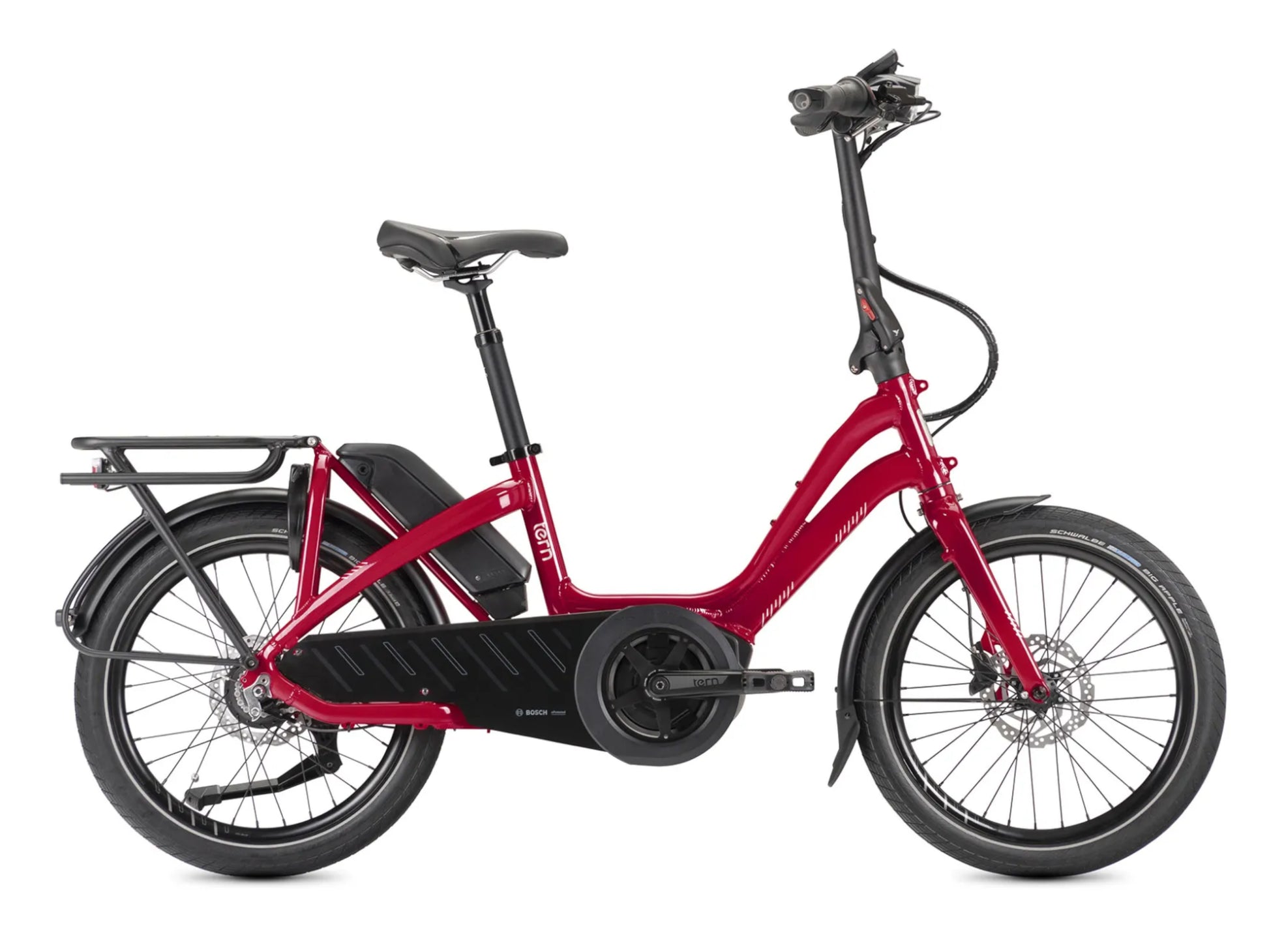 Tern NBD P8i electric cargo bike red silver side profile on Fly Rides