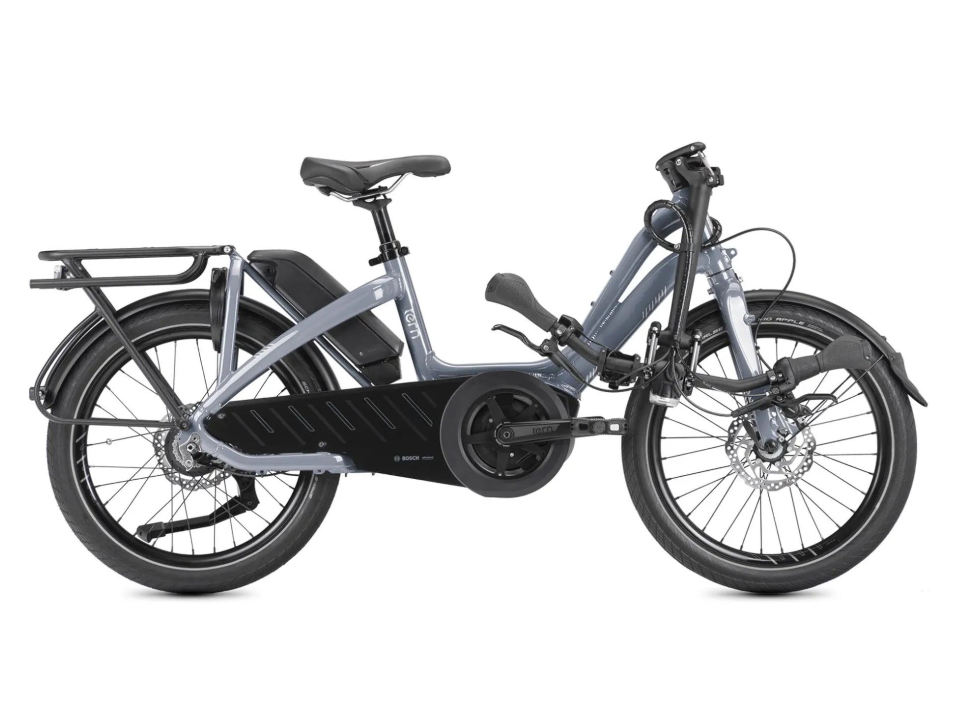 Tern NBD P8i electric cargo bike silver blue side profile folded on Fly Rides