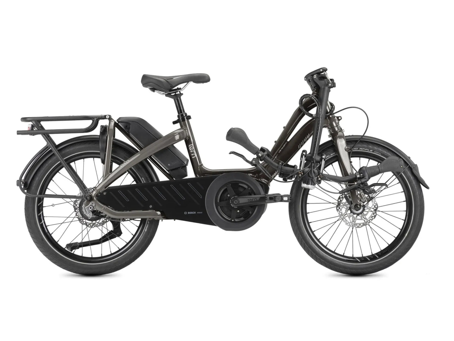 Tern NBD S5i electric cargo bike dark bronze side profile folded on Fly Rides