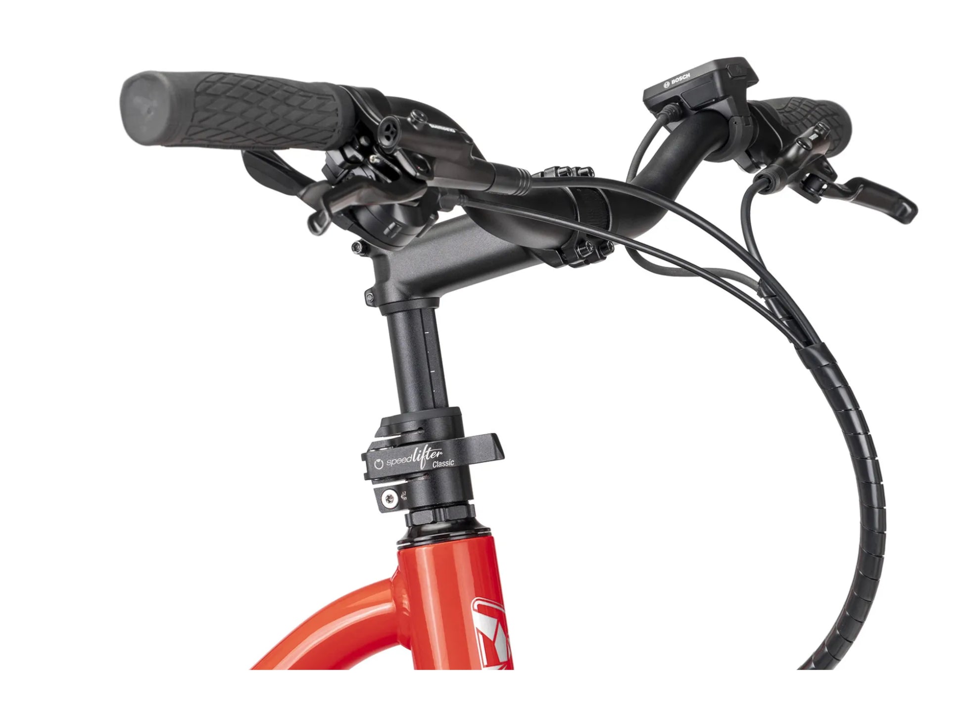 Tern Quick Haul D8 electric cargo bike close up adjustable stem handlebars