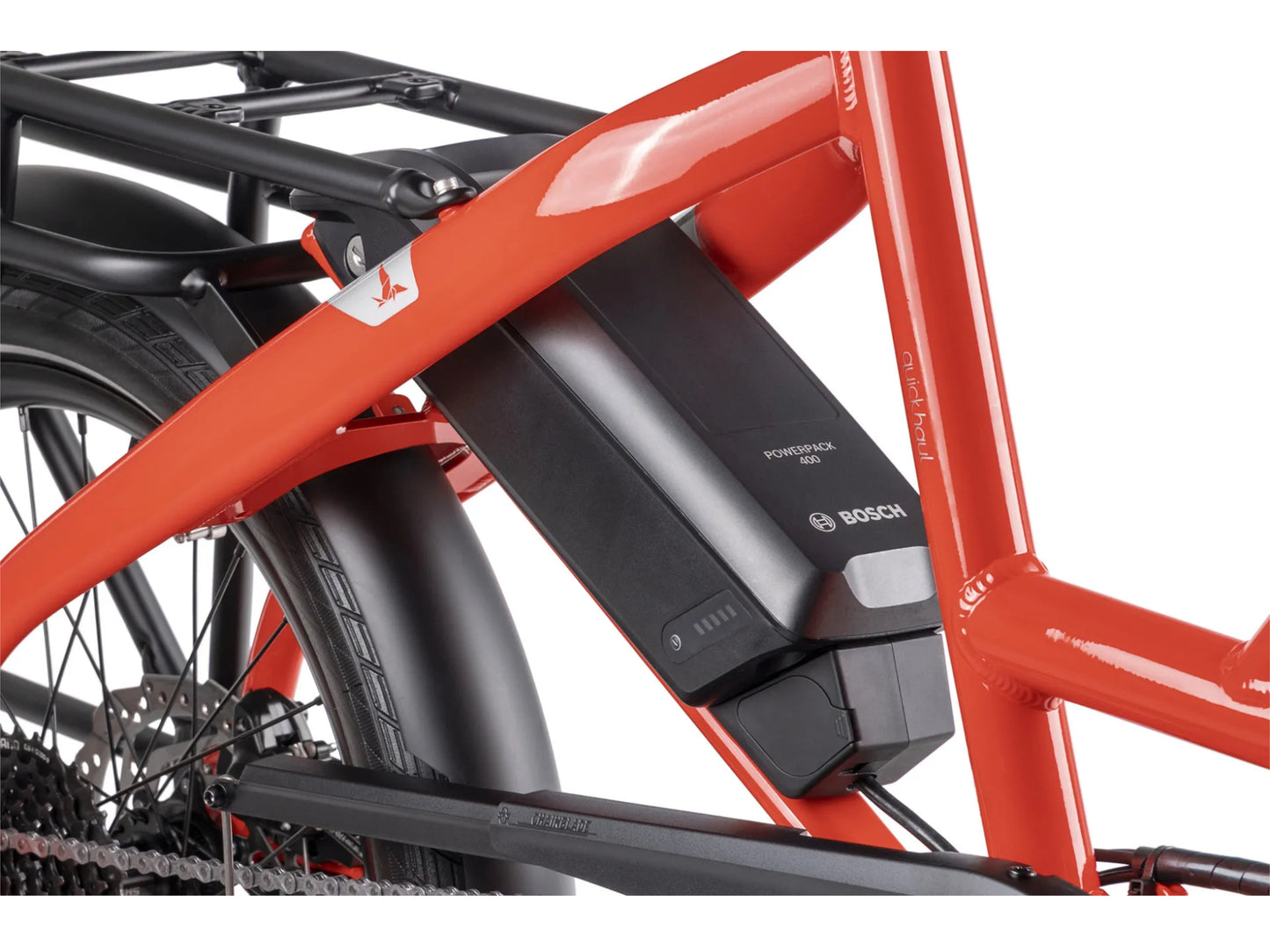 Tern Quick Haul P9 Performance electric cargo bike close up bosch battery rear frame