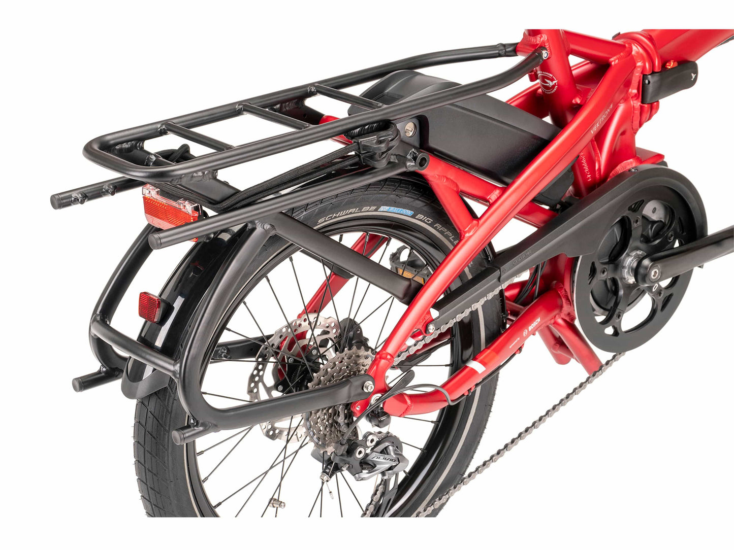 Tern Vektron Q9 electric bike satin red close up cargo rack on Fly Rides