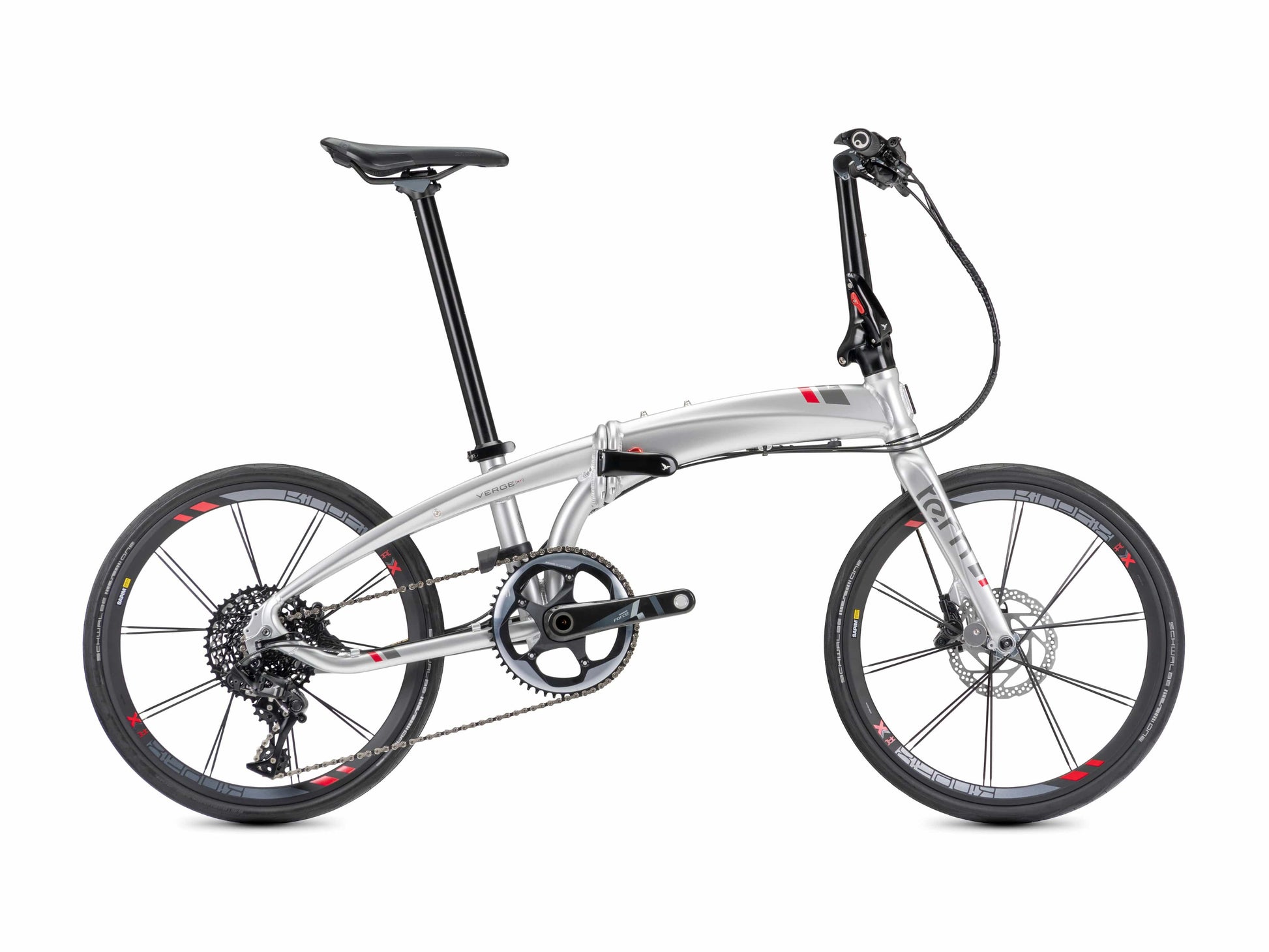 Tern Verge X11 folding bike chrome red side view on Fly Rides